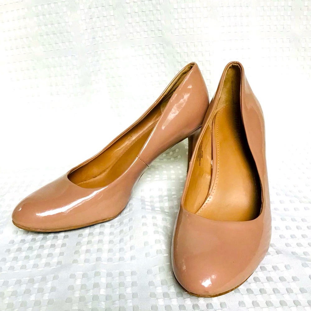 Merona high heels in nude vegan patent “leather”